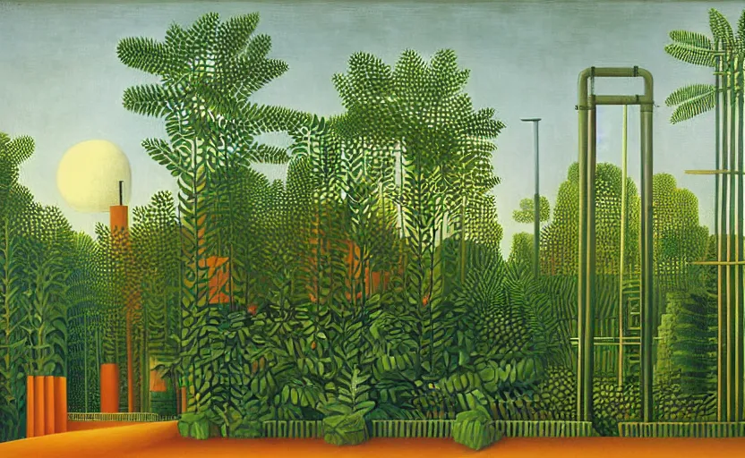 Image similar to geometric painting of industrial buildings surrounded by undergrowth by henri rousseau