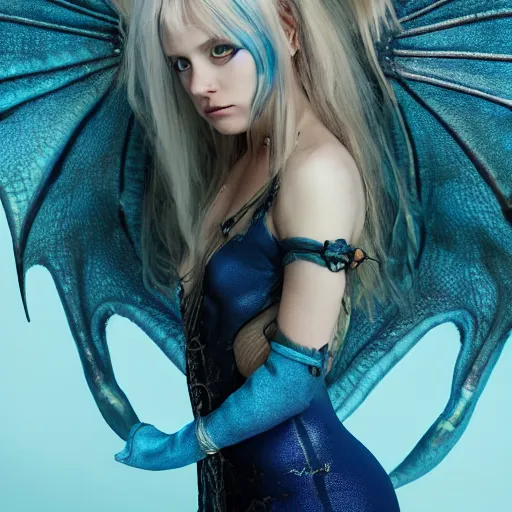 Prompt: dragon girl, portrait of young girl half dragon half human, dragon girl, dragon skin, dragon eyes, dragon crown, blue hair, long hair, highly detailed, cinematic lighting, by Lars Von Trier