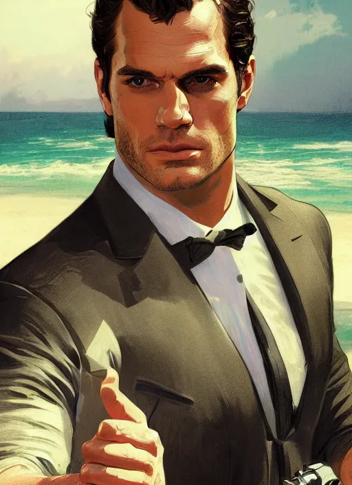 Image similar to portrait of henry cavill as james bond, key art, palm trees, vintage aston martin, highly detailed, digital painting, artstation, concept art, cinematic lighting, sharp focus, illustration, by gaston bussiere alphonse mucha