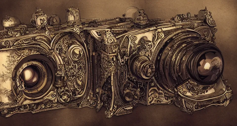 Image similar to A beautiful artwork illustration, extremely detailed and advanced steampunk-themed camera , featured on artstation, wide angle, horizontal orientation