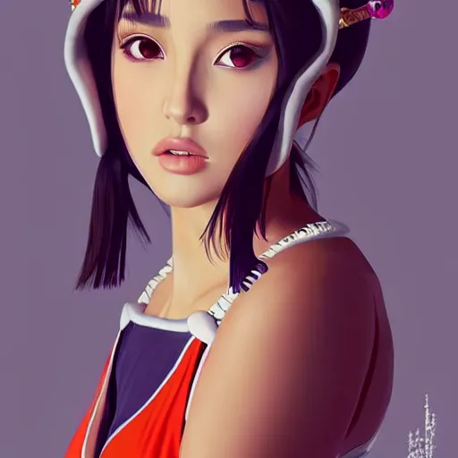 Image similar to a beautiful young japanese natalie portman alluring gravure model, stylized concept art, wearing elegant designer bomber jacket and one piece bikini, bomber jacket with mesoamerican patterns, mesoamerican native street fashion, princess mononoke, painted by ilya kuvshinov aesthetic, gorgeous, stunning, alluring, attractive, artstation, pinterest, digital art