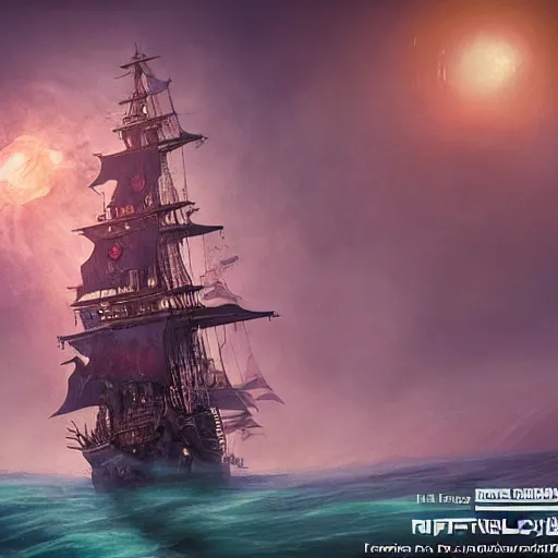 Image similar to flyting pirateship by H.P. Lovecraft, abaddon and magali villeneuve, ghibli moebius, 8k, epic scene, scifi, unreal engine, trending on cg station. masterpiece.