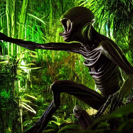 Prompt: an amatir photo capturing alien on jungle at night, candid