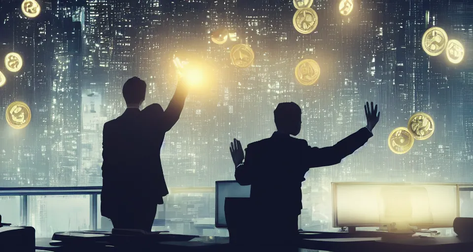 Image similar to Dramatic photo of a CEO waving goodbye to silhouettes of his coworkers in a futuristic office. Golden coins are levitating all around them. 8k, high detail, trending on Artstation, volumetric lighting, cyberpunk