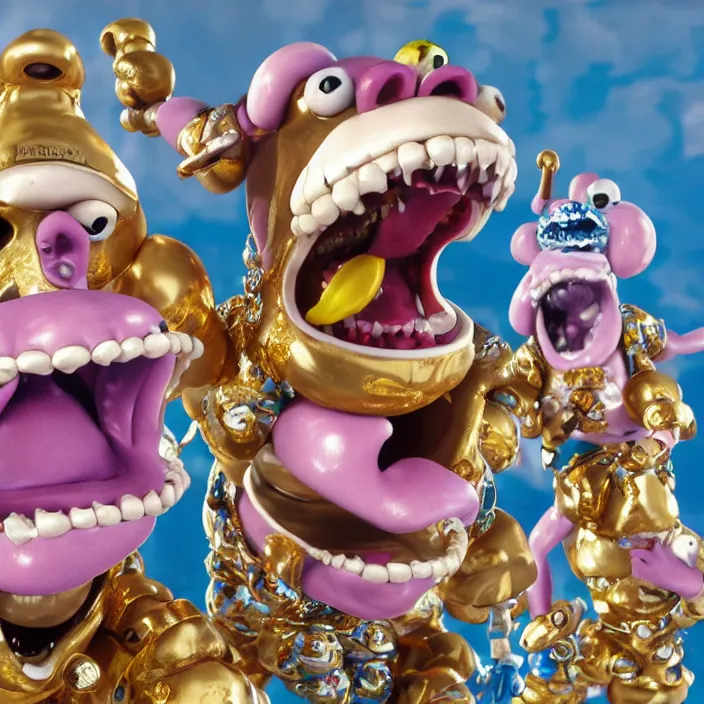 Prompt: jeff koons hip hop style street sharks wearing grillz and a ton of bussdown iced gold bling in wallace & gromit claymation, ultra realistic, concept art, intricate details, serious, highly detailed, photorealistic, octane render, 8 k, unreal engine, art by todd mcfarlane and artgerm and greg rutkowski and alphonse mucha