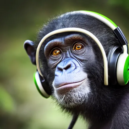 Image similar to a high quality photo of a green chimp wearing headphones, realism, 8k