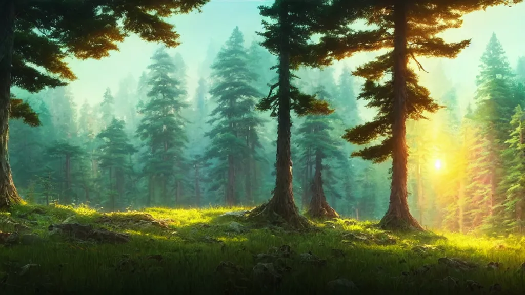 Image similar to forest clearing landscape, sunset, studio ghibli, pixar and disney animation, sharp, rendered in unreal engine 5, highly detailed, digital painting, artstation, concept art, smooth, sharp focus, illustration, wide angle, artbook, wallpaper, splash art, promo art, dramatic lighting, art by artgerm and greg rutkowski and bo chen and jin xiaodi