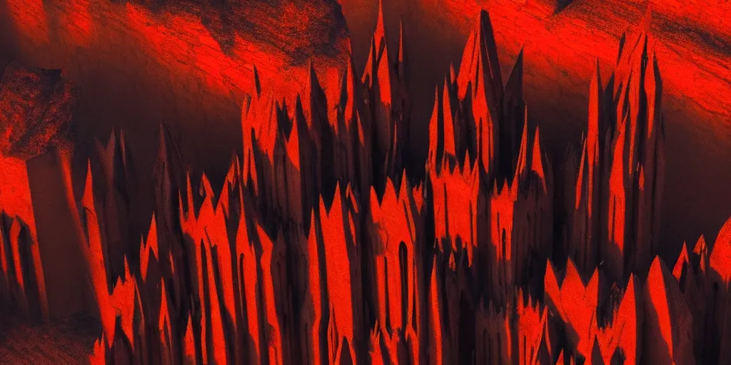 Image similar to dark gothic cathedral, gothic architecture, at the top of a red rock canyon, artstation concept art, beautiful matte painting, aerial view, red and orange and black color palette, chiaroscuro lighting