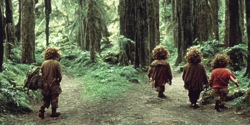 Image similar to A full color still from a Stanley Kubrick film featuring a side view of two hobbits wearing packs and walking down a path in a dark forest, 35mm, 1975