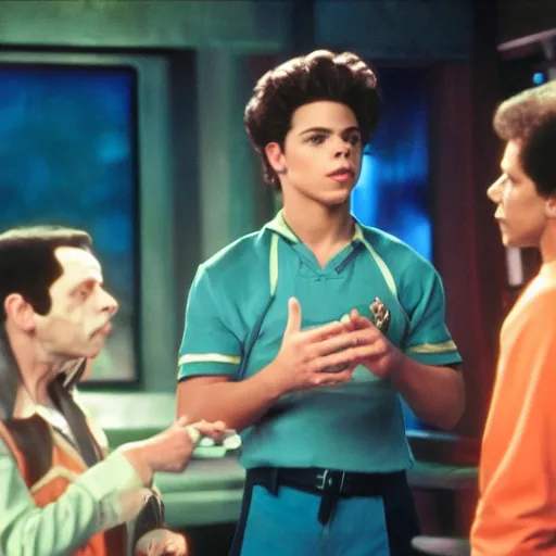 Image similar to young jake t. austin from wizards of waverly place, playing dabo in quark's bar on deep space nine, 3 5 mm photography, highly detailed, cinematic lighting, 4 k