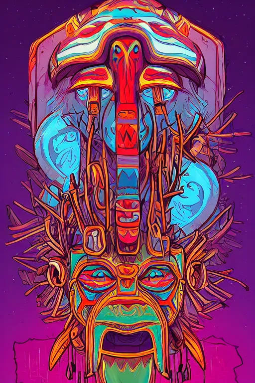 Prompt: totem animal tribal chaman vodoo mask feather gemstone plant wood rock video game illustration vivid color borderlands by josan gonzales and dan mumford radiating a glowing aura