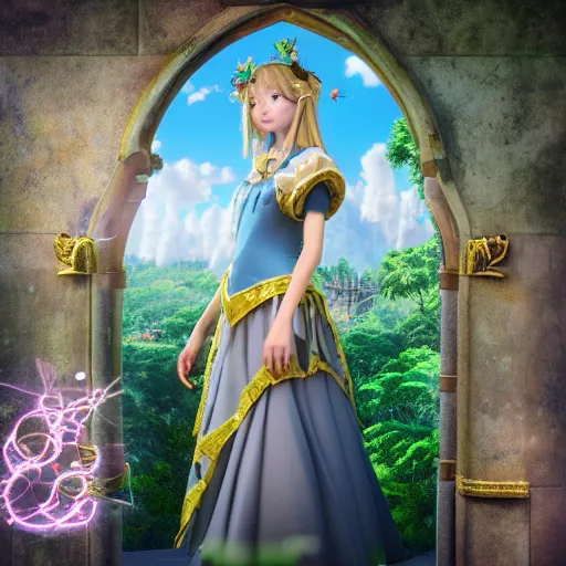 Image similar to a very detailed, ultra-realistic, pleasant, beautiful, funny, smooth 3D CG render, semirealistic anime style, close-up of a gorgeous, cute, gentle, noble priestess magician princess girl wearing dress and jewelry, in a glorious magic kingdom with castle and walls, relaxing calm vibes, fairytale, octane render