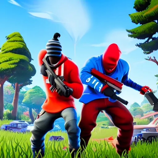 Prompt: a battle between the crips and bloods in fortnite