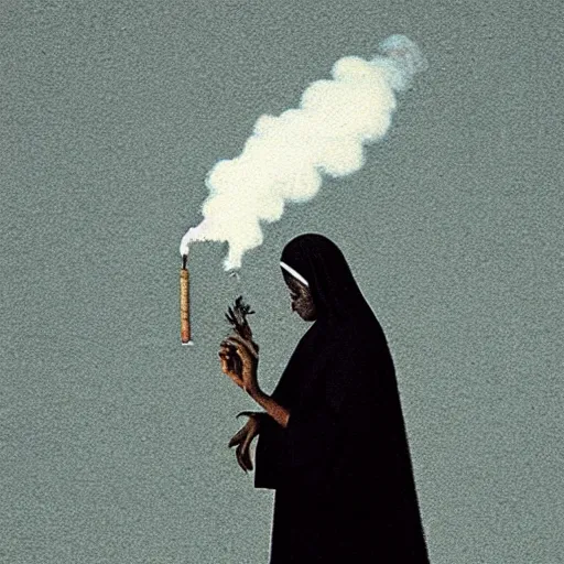 Image similar to a black nun smoking a joint and puffing lots of smoke, by Beksinski, lens flares, minimalistic background