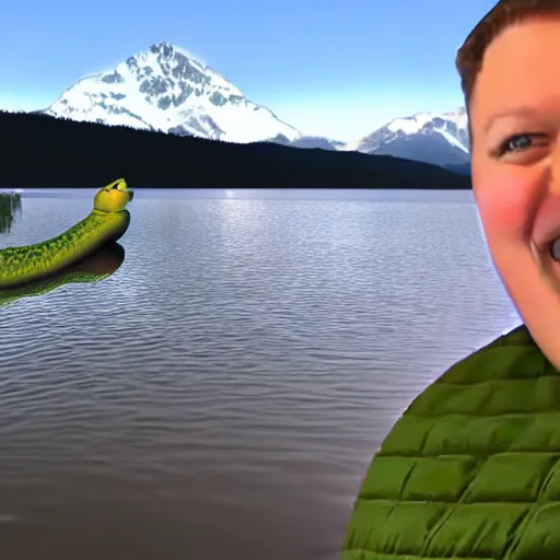 Prompt: fat man next to a lake with a crocodile, youtube clickbait thumbnail