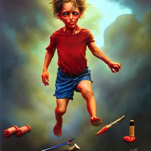 Prompt: a running child turning into vapor, mist, smoke, blood, scissors in hand, a detailed matte painting by Jason Edmiston, John Philip Falter