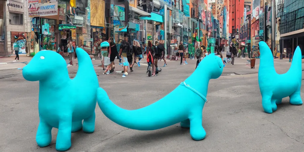 Image similar to huge turquoise weenies walk around the city