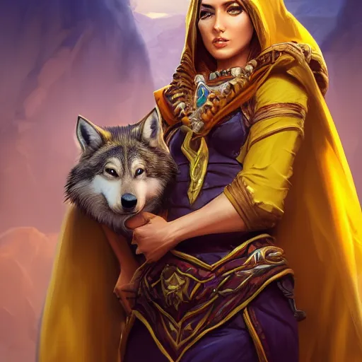 Image similar to portrait of woman sorceress wearing a young arabian nomad half wolf, with yellow cloths, league of legends splash art, hearthstone splash art, full body shot, rule of thirds, ultrafine hyperrealistic detailed face, artgerm, greg rutkowski, trending on artstation, 8 k, intricately detailed, highly detailed