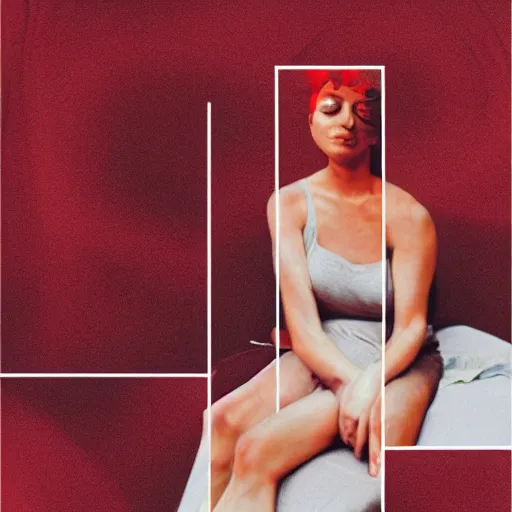 Image similar to by frank gehry crimson a e s t h e t i c, dreary. a collage of a woman reclining on a bed.