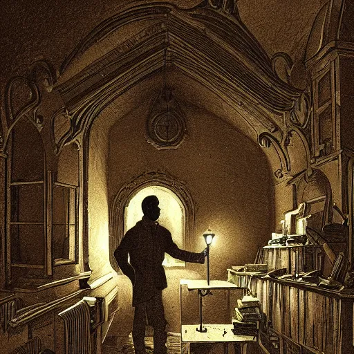 Image similar to a professor looking at stuff, higly detailed, dimm light, night, award - winning illustration, mystic