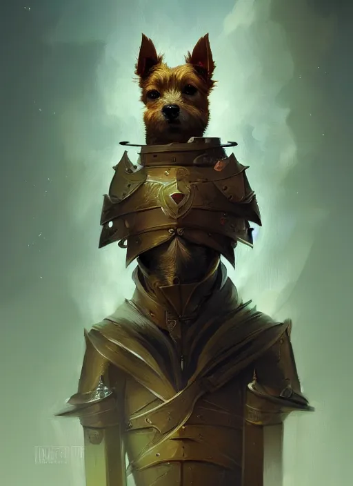 Image similar to norwich terrier as an knight, backround dark, highly detailed, digital illustration, trending in artstation, modern painting, smooth, sharp focus, intricate, by peter mohrbacher