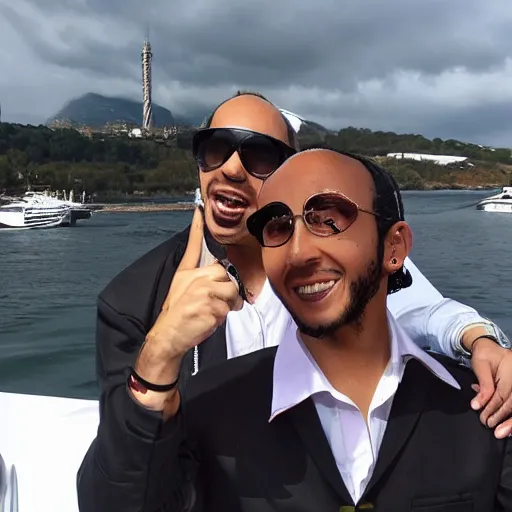 Image similar to character torrente and lewis hamilton on a boat