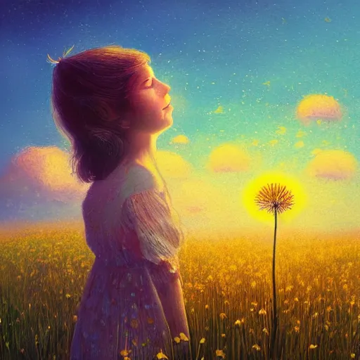 Prompt: girl with dandelion face, surreal photography, dream, standing in flower field, hills, big trees, sunrise dramatic light, impressionist painting, colorful clouds, digital painting, pointillism, artstation, simon stalenhag