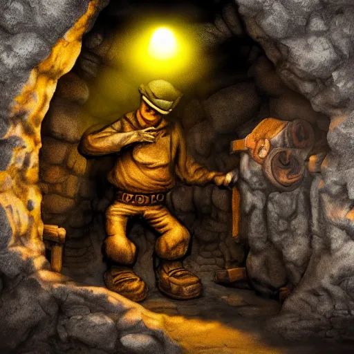 Image similar to pepe the miner in a dark cave, realistic, detailed, photography, artstation, dramatic light