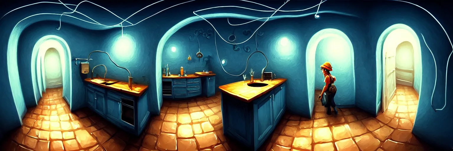 Prompt: underground, basement, fisheye spiral, naive, extra narrow, detailed illustration of a kitchen, large floor, dimly lit by rhads, trending artstation, dark blue, vines crawling, tavern