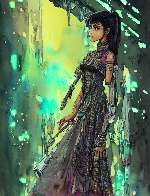 Prompt: south asian scifi princess of the lichen woods, wearing a lovely dress with cyberpunk elements. this watercolor painting by the award - winning mangaka has an interesting color scheme, plenty of details and impeccable lighting.