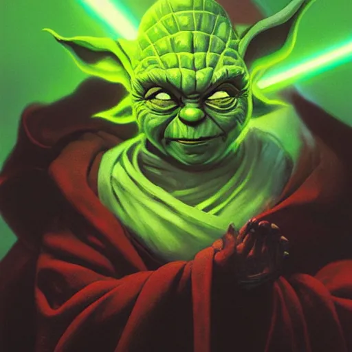 Image similar to portrait of angry evil yoda as a dark sith, overwhelming energy, detailed background by m. w. kaluta, dark side, volumetric lighting, colorful vapor, deep dark color, floating molecules, digital painting, oil painting, artwork by ralph mcquarrie + cory loftis + paul lehr + ian mcque + eddie mendoza