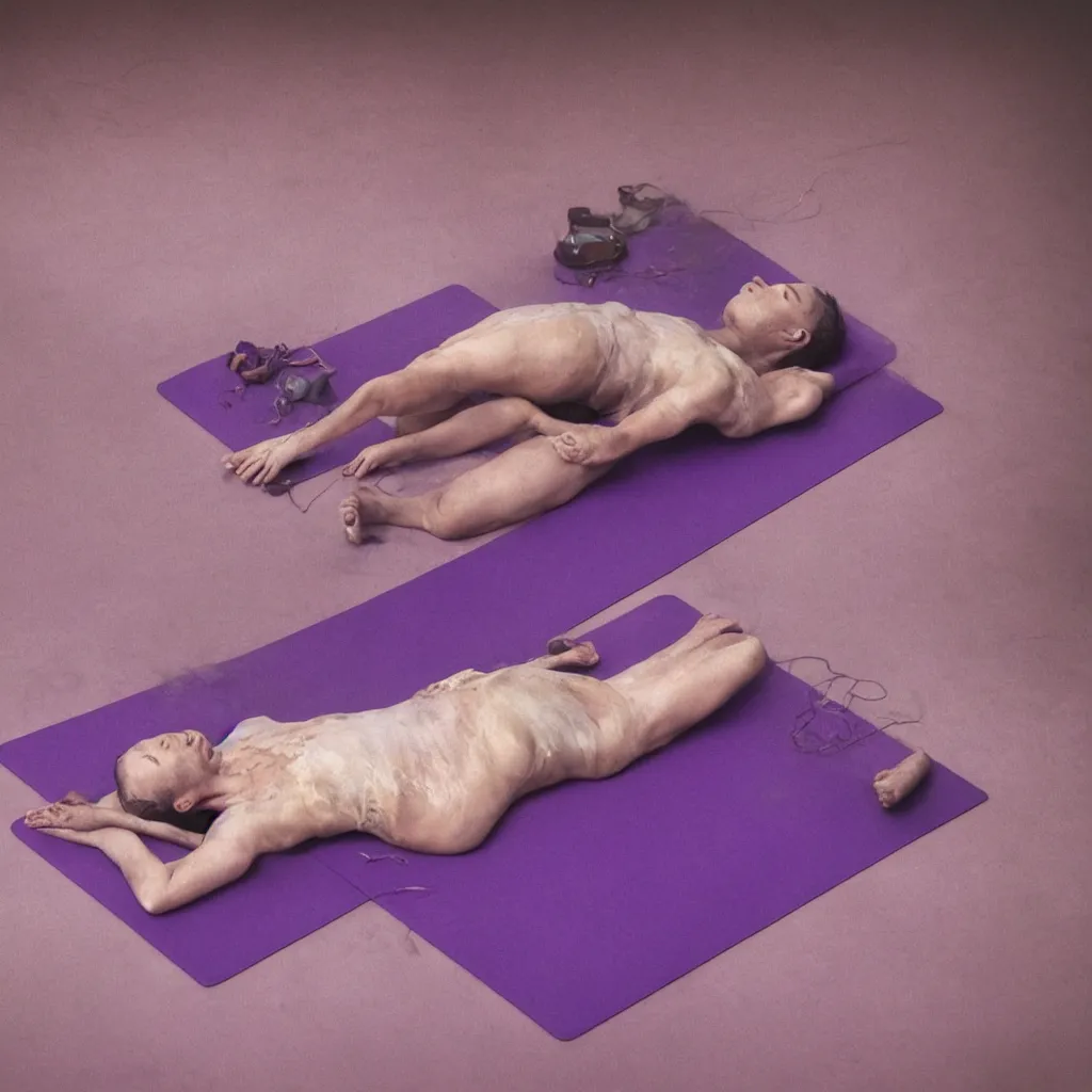 Image similar to cinestill of iridiscent oil with corpses connected by mess of ethernet cables and tubes to wax technical forms to a buried baby relaxing on yoga mat, faded, iridiscent gradient, purple fog, depth of field, blur, very detailed, by nadav kander and hans bellmer, 8 k, ultrarealistic, sad atmosphere, cinematic, 8 5 mm lens