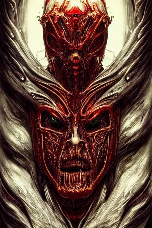 Prompt: Elden Ring and Doom themed painting of majestic crimson biomechanical infernal demon human hybrid beautiful undead angel symmetrical angry mask closeup face angry mask closeup tattoo pattern golden ratio concept, Neo-Gothic concept, infinity glyph waves, intricate artwork masterpiece, very coherent artwork, cinematic, full frontal facial features by Artgerm, art by H.R. Giger, Takato Yamamoto, Zdizslaw Beksinski, Johnatan Wayshak, Moebius, Ayami Kojima, very anatomically coherent artwork, trending on cgsociety, ultra high quality model, production quality cinema model, high detail chromatic ink outline, octane render, unreal engine 8k, hyper realism, high detail, octane render, unreal engine, 8k, High contrast