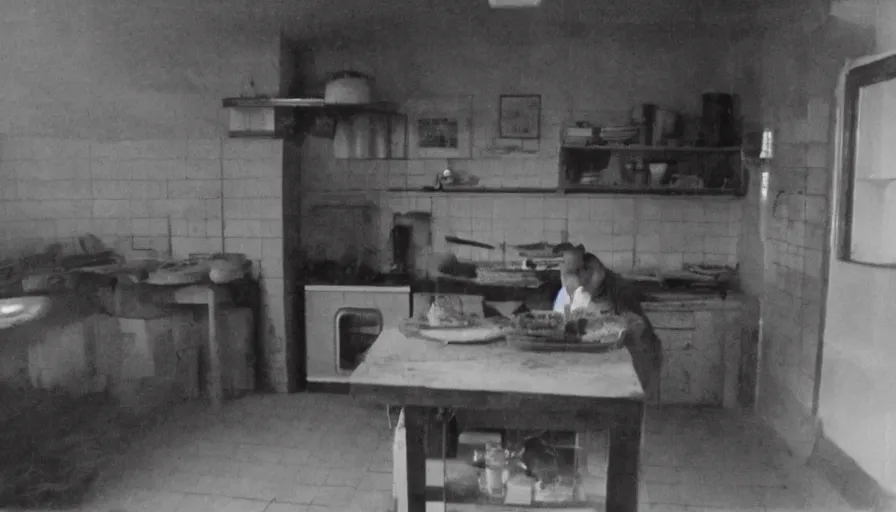 Image similar to snake, a man sit in a stalinist style kitchen, by mini dv camera, very very low quality, heavy grain, very blurry, accidental flash, webcam footage, found footage, security cam, caught on trail cam