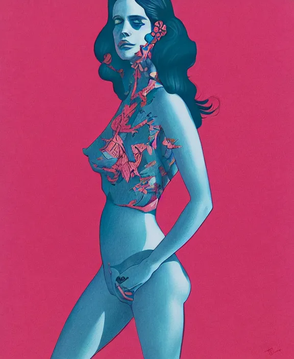 Prompt: lana del rey by tristan eaton, victo ngai, triadic color scheme, edward hopper, beksinski, nicola samori, hyperrealism, intricate detailed, risograph