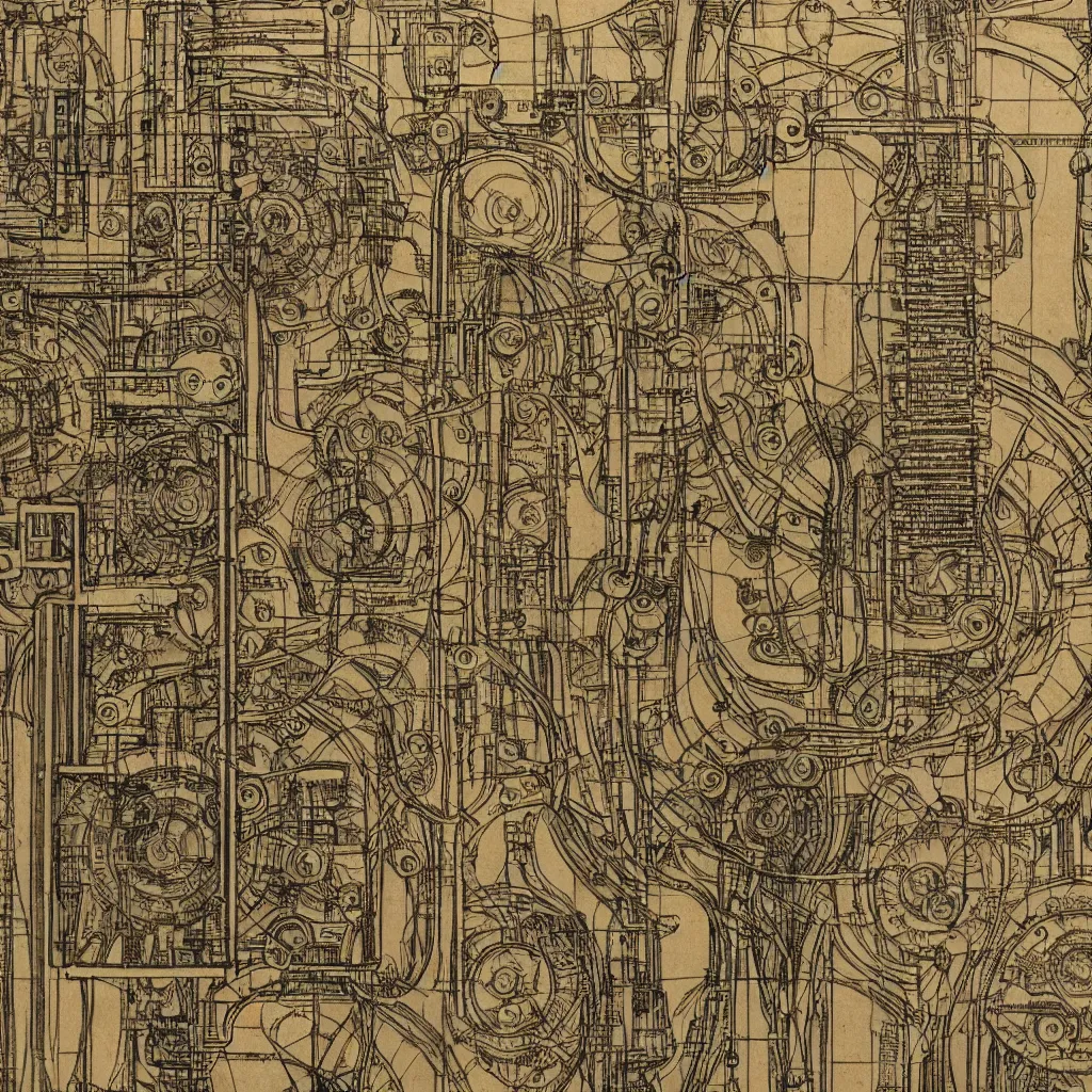 Image similar to close - up on detailed, intricate technical drawings from 1 8 4 0 with extensive written labels and covered in scribbled pencil notes, for a mechanical display attachment to babbage's difference engine, showing a screen playing tetris, beautiful, symmetric, art nouveau