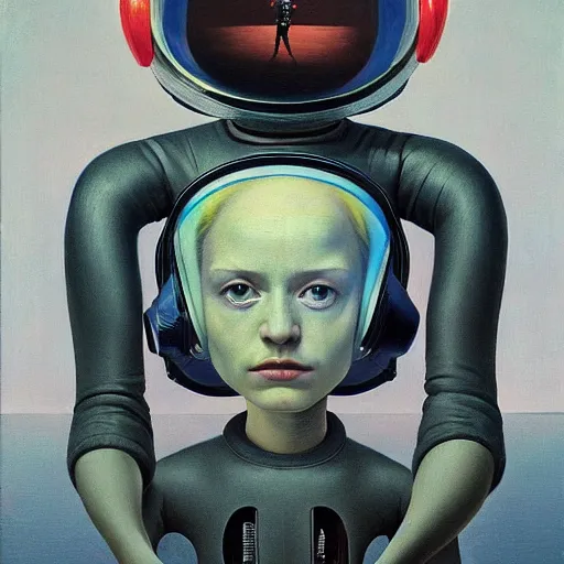 Image similar to portrait An astronaut girl wearing helmet with black latex suit, Edward Hopper and James Gilleard, Zdzislaw Beksinski, Mark Ryden, Wolfgang Lettl highly detailed