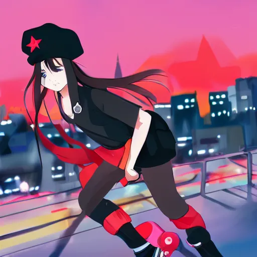 Image similar to Teenage girl, French girl, black beret, black beret with a red star, black shirt with red star, black leather shorts, rollerblading, rollerskates, city on a hillside, colorful buildings, anime, HD anime art