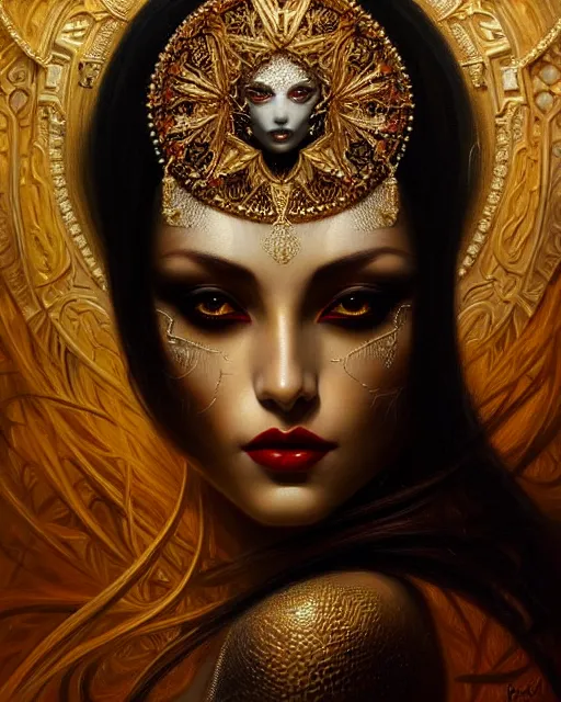 Image similar to portrait of a beautiful goddess, enigmatic beauty, dominant shades of black, gold silver, dark red, white, head in focus, fantasy art, ornamental aesthetics, intricate, elegant, highly detailed, hyperrealistic, artstation, concept art, soft illumination, painterly, sharp focus, by karol bak