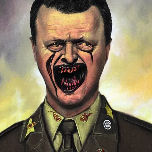 Image similar to igor ivanovich strelkov became an angry degraded satanic hellfire demonic abomination and calling for total mobilization, photo - realistic, color image, 2 k, highly detailed, bodyhorror, occult art