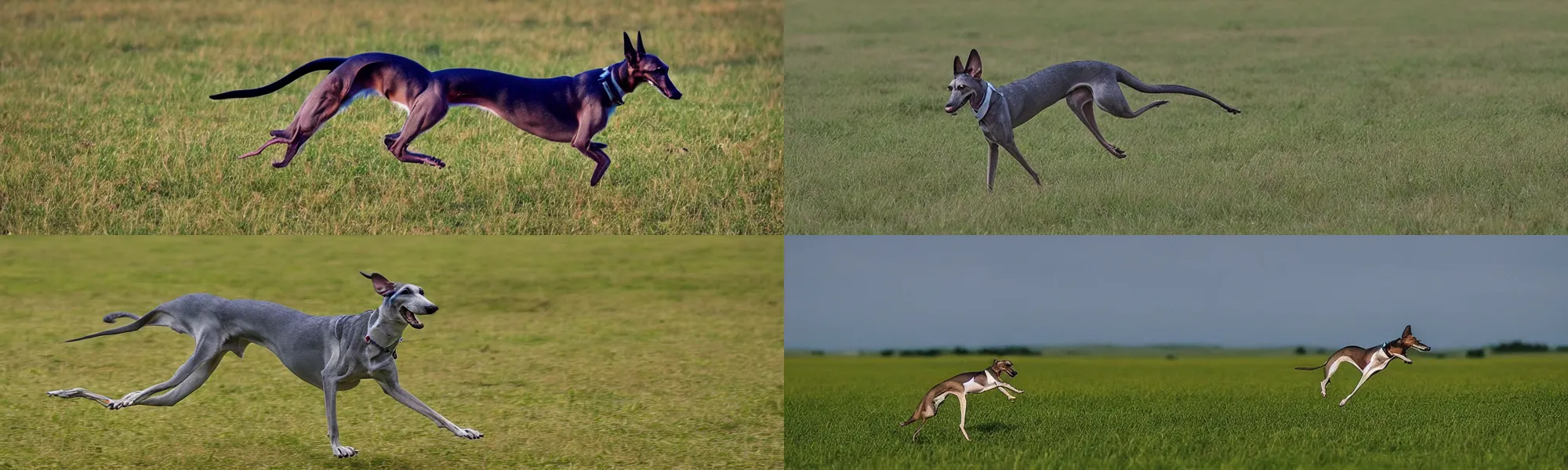 Prompt: “ a greyhound with wings flying above cartoonish grassy plains, he is a long boi ”