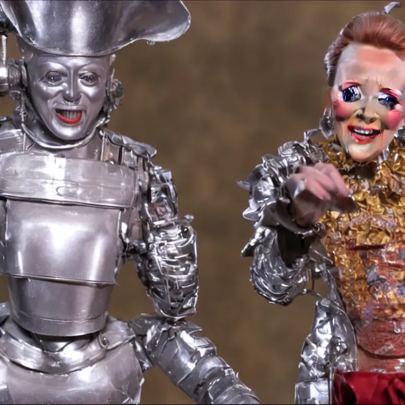 Image similar to a still from a tv commercial for an action figure of happy christopher walken as the tin man from the wiz the movie, singing & dancing, 4 k, highly detailed, award winning, look at all that detail!