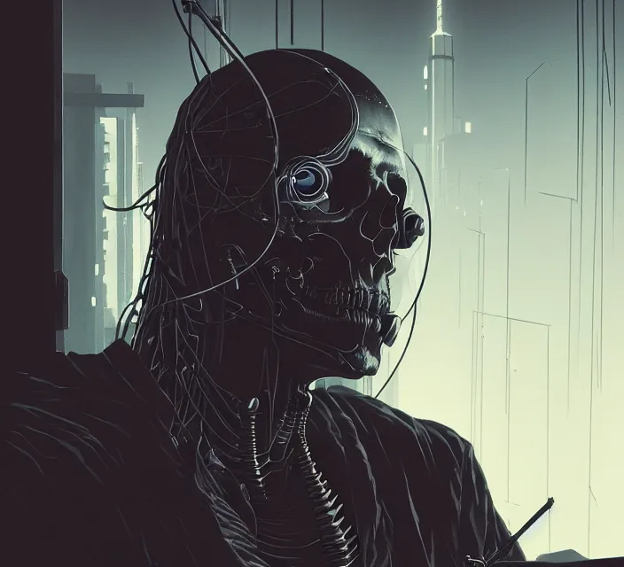 Image similar to cyberpunk skeleton jesus, noir, sharp focus, intricate, illustration, cell shaded, digital painting, highly detailed, matte, art by ilya kuvshinov, wlop, greg rutkowski, reflections, studio quality, james jean, artem demura