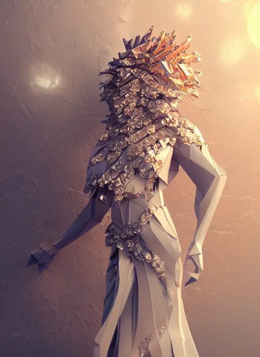 Image similar to a beautiful anthropomorphic lionness woman made out of ceramic and diamonds wearing a flowing salmon colored paper dress, a futuristic subway stop made out of origami, paper origami, many origami orchid flowers, heavenly light, 3 d, very detailed, octane render, trending artstation, artgem