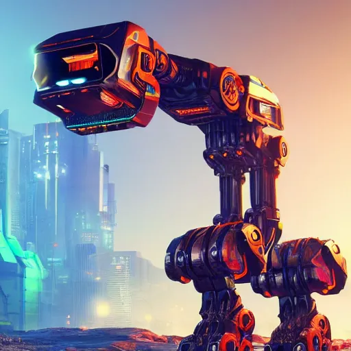Image similar to cyberpunk concept inspired giant quadrupedal mining robot, futuristic look, highly detailed body, very expensive, photorealistic camera shot, bright studio setting, studio lighting, crisp quality and light reflections, unreal engine 5 quality render, artstation