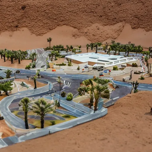 Image similar to A diorama of a shopping center in the middle of the desert