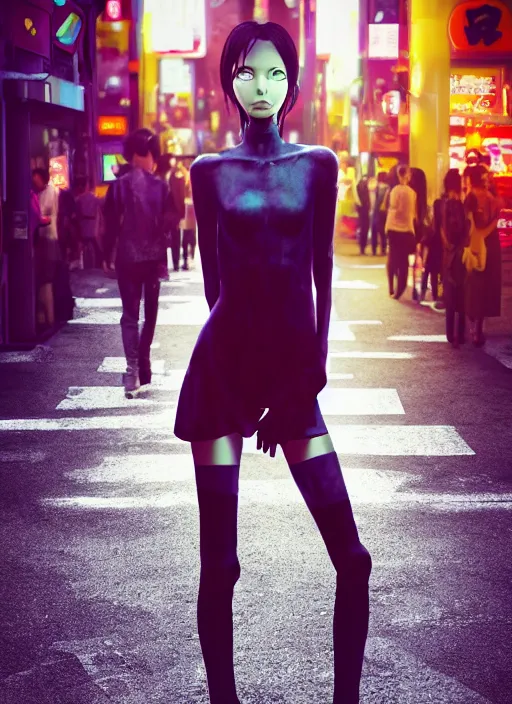 Image similar to demonic girl without head standing in the middle of the crowded tokyo street, photorealistic, canon r 3, symmetry, octane render, unreal engine, dramatic lights