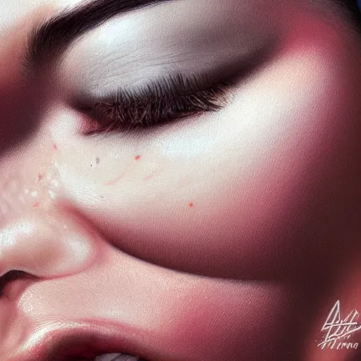 Prompt: closeup of excessively sweating forehead, big drops of sweat, airbrush painting, forehead only, by Hajime Sorayama, trending on artstation, beautiful lighting, sharp, details, hyper-detailed, HD, HDR, 4K, 8K