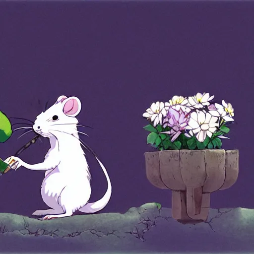 Image similar to white rat holding a flower cinematic composition, studio ghibli, cute