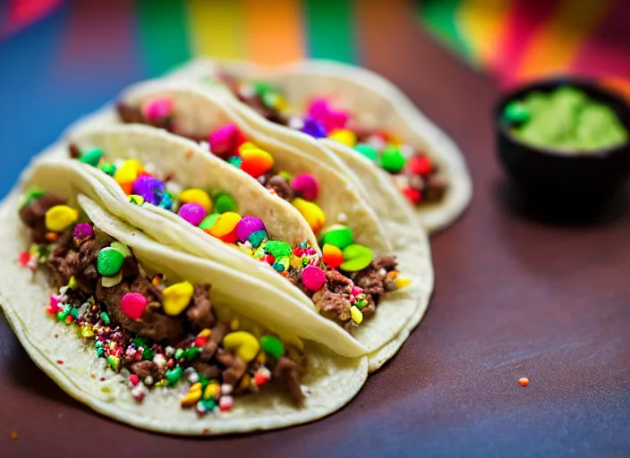 Prompt: dslr food photograph of a tacos topped with rainbow sprinkles, 8 5 mm f 1. 8